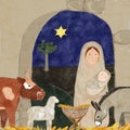 Hand painted watercolor card with manger, Mary, barn, animals Royalty Free Stock Photo