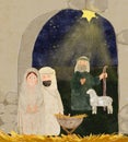 Hand painted watercolor card with manger, Mary, Joseph, shepherd, sheep