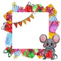Hand painted Watercolor characters mouse frame with place for text. Royalty Free Stock Photo