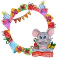 Hand painted Watercolor characters mouse frame with place for text. Royalty Free Stock Photo