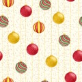 Christmas hanging balls of red, green and yellow colors seamless pattern on the starry background. New Year decoration. Royalty Free Stock Photo