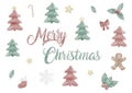 Hand painted watercolor christmas holiday elements, tree, gingerbread, holy, isolated on white background