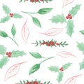 Watercolor Painted Leaves Holly Berry Christmas Seamless Patterns Holidays Festive