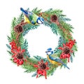 Hand-painted watercolor clipart with titmouse birds. Round wreath with Christmas decoration for seasonal design