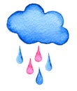 Hand painted watercolor cloud and rain drops isolated on white Royalty Free Stock Photo
