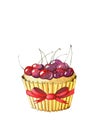 Hand painted watercolor cupcake with cherry topping and red bow knot isolated