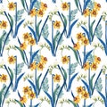 Hand-painted watercolor daffodils freesia and leaf repeat