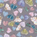 Hand painted watercolor delicate moth multidirectional pattern on grey background Royalty Free Stock Photo