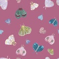 Hand painted watercolor delicate moth pattern on muted pink Royalty Free Stock Photo