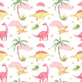 Hand painted watercolor dinosaurs seamless pattern with palm tree, on a white background. Dino background for children