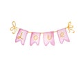 Hand painted watercolor festive garland of pink flags with letters LOVE