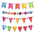 Hand painted watercolor festive garlands of colorful flags set isolated on white background Royalty Free Stock Photo