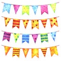 Hand painted watercolor festive garlands of colorful flags set isolated on white background Royalty Free Stock Photo