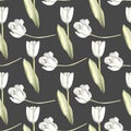 Hand painted watercolor floral pattern seamless white tulips background dark grey