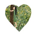 Hand-painted watercolor girl hugging a tree heart isolated on white