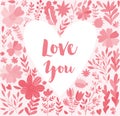 Hand painted watercolor heart frame background with flowers. perfect for Valentines Day greeting cards. Hand-drawn Royalty Free Stock Photo