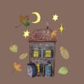 Hand painted watercolor hedgehog house autumn poster