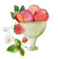 Hand-Painted Watercolor Of Ice Cream In Bowl With Strawberry Branch