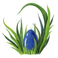 Hand painted watercolor illustration of colorful blue Easter egg laying in fresh green grass tuffet. closeup Royalty Free Stock Photo