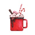 Watercolor illustration of christmas cup of hot chocolate Royalty Free Stock Photo