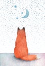 Watercolor fox watching the starry sky