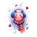 Hand painted watercolor illustration of a pig girl who wearing scarf with red and white stripes blue fur headphones on