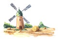 Hand painted watercolor illustration. Small village green roof windmill in field. Haymaking. Haystacks rolls of dry grass. Harvest