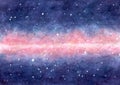 Hand painted watercolor illustration of the space with stars and pink nebula. Royalty Free Stock Photo