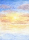 Hand painted watercolor illustration of the sunset at the sea with cloudy sky. Vector Royalty Free Stock Photo