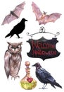 Hand painted watercolor illustrations. Set of Halloween elements Royalty Free Stock Photo