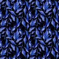 Hand painted watercolor ink leaves seamless floral pattern background. Blue leaves seamless watercolor leaf pattern for