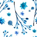 hand painted watercolor ink leaves seamless floral pattern. Seamless watercolor blue background with flowers and Royalty Free Stock Photo