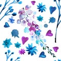 hand painted watercolor ink leaves seamless floral pattern. Seamless watercolor blue background with flowers and Royalty Free Stock Photo