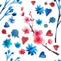 hand painted watercolor ink leaves seamless floral pattern. Seamless watercolor blue background with flowers and Royalty Free Stock Photo