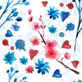 hand painted watercolor ink leaves seamless floral pattern. Seamless watercolor blue background with flowers and Royalty Free Stock Photo