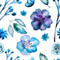 hand painted watercolor ink leaves seamless floral pattern. Seamless watercolor blue background with flowers and Royalty Free Stock Photo