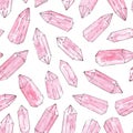 Hand painted watercolor and ink pink crystals seamless pattern on the white background. Rose quartz