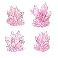 Hand painted watercolor and ink set of pink crystal clusters isolated on the white background. Quartz minerals