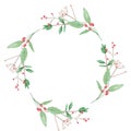 Watercolor Foliage Wreath Green Winter Red Berries Leaves Festive Frame Royalty Free Stock Photo