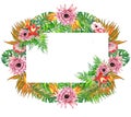 Watercolor tropical leaves and flowers wreath!Watercolor exotic floral card. Hand painted tropic frame with palm tree leaves and t