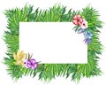 Watercolor tropical leaves and flowers wreath!Watercolor exotic floral card. Hand painted tropic frame with palm tree leaves and t