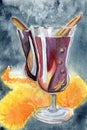 Hand painted watercolor mulled wine with orange, cinnamon, vanilla and pepper in high hurricane glass rounded by golden tinsel