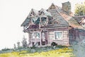 Cottage house watercolor painting at country side Royalty Free Stock Photo