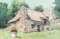 Cottage house watercolor painting at country side Royalty Free Stock Photo