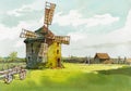 Watercolor illustration of vintage windmill building