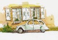 Old vintage Volkswagen beetles white car watercolor painting Royalty Free Stock Photo