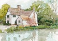Cottage house watercolor painting at country side Royalty Free Stock Photo