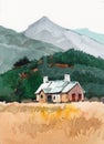 Cottage house watercolor painting at country side Royalty Free Stock Photo