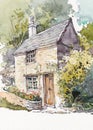 Cottage house watercolor painting at country side Royalty Free Stock Photo