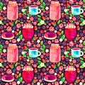 Hand-painted watercolor papercut summer berries and homemade products seamless pattern. Jelly jar, fruit stew compote